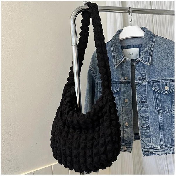 Pikowana Torba Na Ramię Typu BańKa W Kratę Dla Kobiet DużA Pojemność Pufferowa Torba Pod Pachę Codzienna Torba Crossbody Czarny-image
