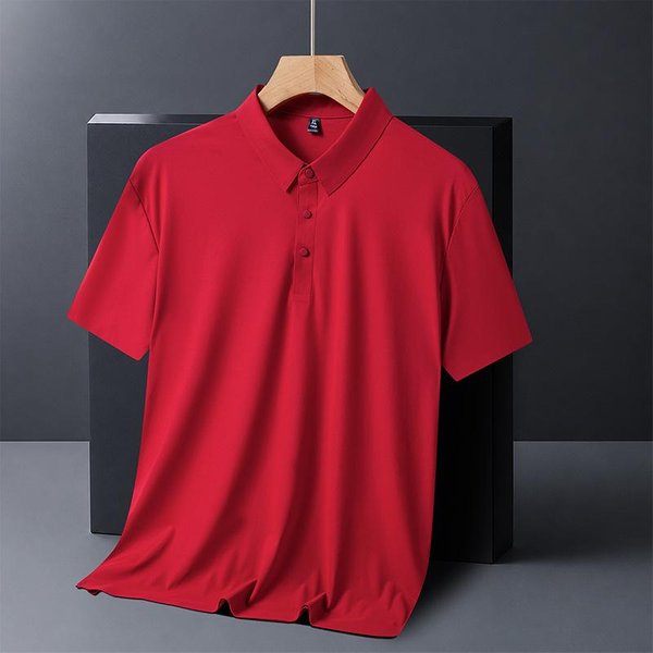 Camiseta Polo De Verano Para Hombre De Seda Helada Sin Costuras - Alta Elasticidad, Sin Planchar, Manga Corta Con Cuello L (115-130 Lbs) Rojo-image