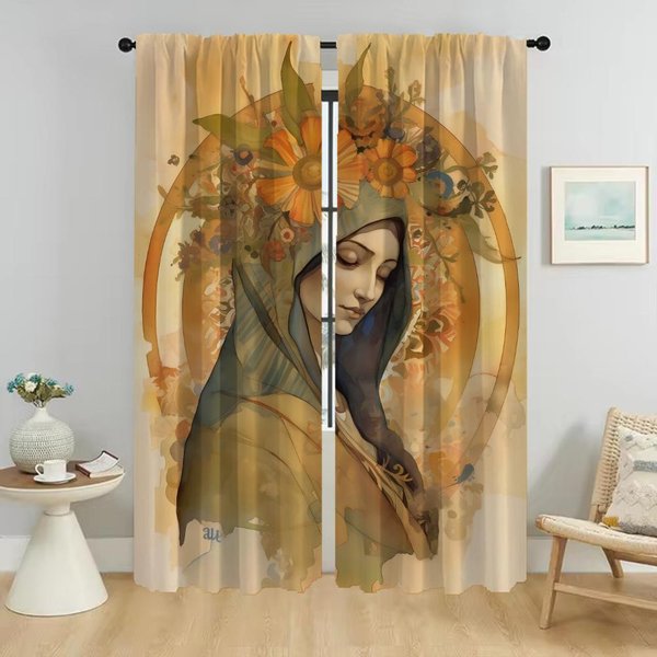 ZasłOny ZaciemniająCe Maryja Dziewica Eleganckie ZasłOny Pokojowe Do PodziałU Pomieszczenia ZasłOna ZaciemniająCa ZasłOny Kuchenne 2 Sztuki Dekoracja Na Halloween W50Xh70Cmx2Pcs-Cl-image