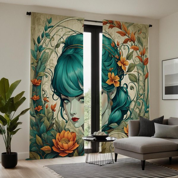 2 Piezas HD Marea Nacional Color SóLido NiñA Cortina Decorativa Verde Amarre Cortina Con Estampado Digital Estilo DecoracióN Del Hogar DecoracióN L W52H63Inchw132H160Cm-image