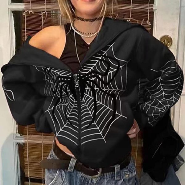 Jesienno-Zimowa Bluza Z Kapturem I Nadrukiem PajęCzej Sieci. Modna Bluza Z Kapturem I Zamkiem BłYskawicznym S Czarny-image