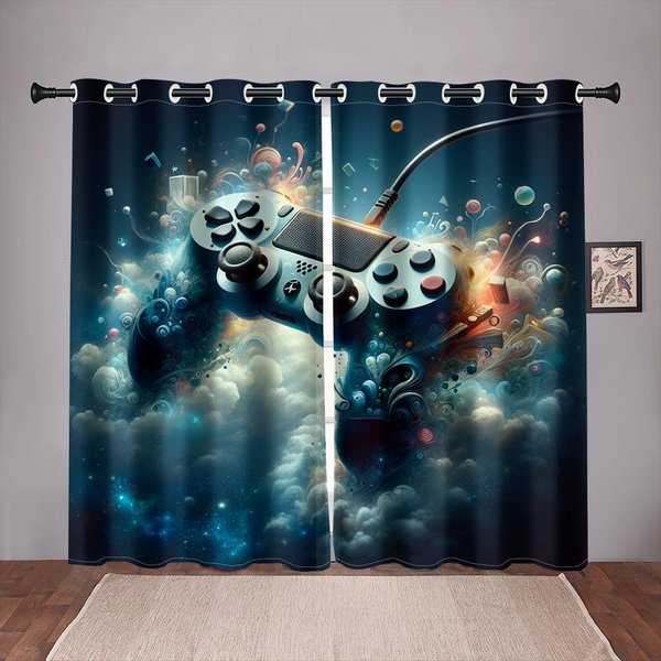 2 Szt. ZasłOna Okienna Z Nadrukiem Gamepada Do Sypialni Biura Kuchni Salonu Gabinetu Z Przelotkami ZasłOna Okienna Do Wystroju Domu 100W130H(Cm)40X51In&Rod Pocket Blue-image