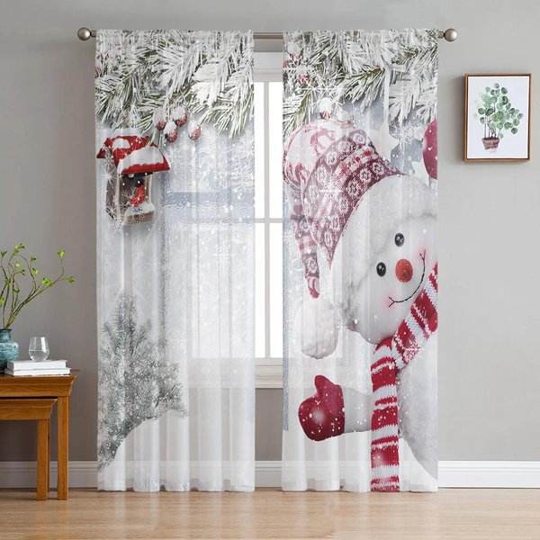 Navidad Copo De Nieve MuñEco De Nieve Acebo Abeto Cortina De Hilo Tul Para Ventana Cortinas Para Sala De Estar Cocina Cortinas Voile Transparentes W135 X H115Cm X1&Grommet Top-image