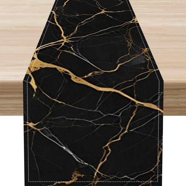 Corredor De Mesa De Lino MáRmol Negro Dorado Bufandas Para CóModa DecoracióN De Mesa Lavable Cocina Mesa De Comedor Corredor DecoracióN De Fiesta NavideñA 150X33Cm-image