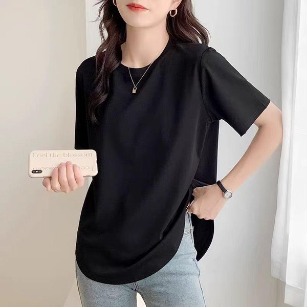 Camiseta De AlgodóN Puro Con Cuello Redondo, Hombro Delantero Nuevo, Manga Corta, Verano, Holgada, Para Mujer, Dobladillo Curvo, Top De Longitud Media XXL-image