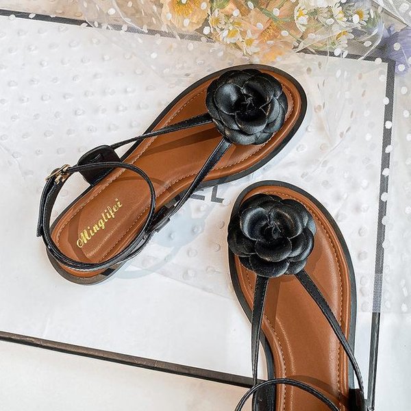 Tallas Grandes 35 -42 43 Mujer Sandalias Planas De Flores Chanclas Femeninas Zapatos De Verano Para La Playa TacóN Bajo Moda Camelia Punta Abierta Planas 41 Negro-image