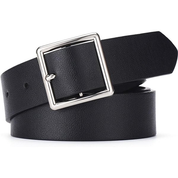 CinturóN De Mujer 2024 CinturóN De Piel SintéTica Suave CinturóN De Hebilla Cuadrada Hebilla De Pasador CinturóN Negro Para Jeans Correa Elegante De Marca De Lujo Correa Vintage Para Mujer Negro-image