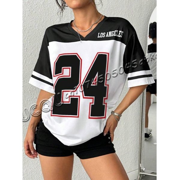 3-Kolorowy Damski T-Shirt Z Nadrukiem Los Angeles Numer 24 Z Dekoltem W Serek I KróTkim RęKawem Letni T-Shirt Koszulki Baseballowe Paski Plus Size Sportowy T-Shirt Xs-image