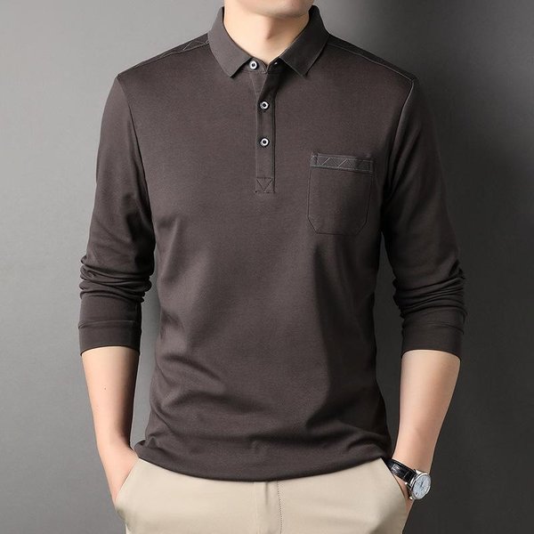 Nueva Camiseta De Hombre De Primavera Moda Casual Cuello Solapa AlgodóN Color SóLido Manga Larga Con Bolsillos Xxxl-image