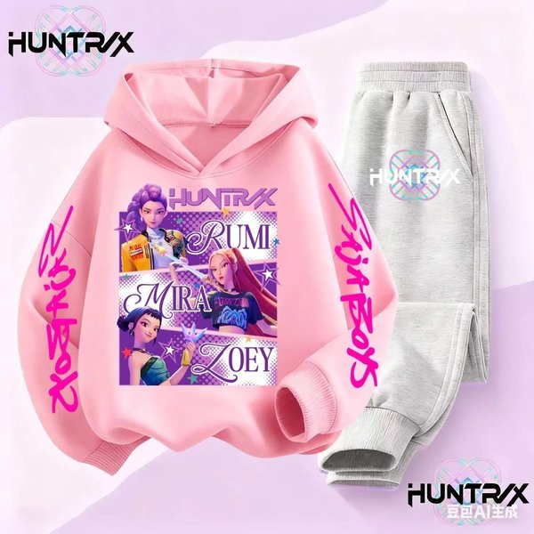 Komplety Bluz Z Kapturem Dla Dzieci Kpop ŁOwcy DemonóW Saja ChłOpcy Bluzy Z Kapturem Dziewczynki ChłOpcy Bluzy Dresowe Anime Jesień Codzienne Ubrania Dla Dzieci 160 Pink-image