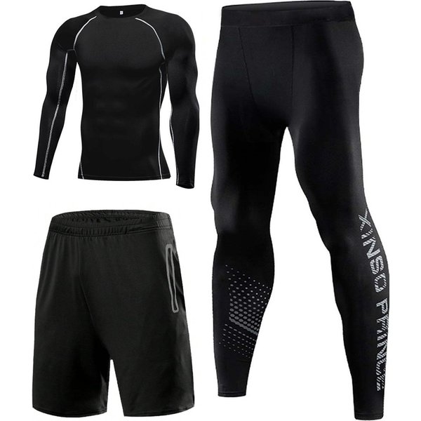 3 Sztuk/Zestaw MęSka SiłOwnia StróJ Kompresyjny DłUgie RęKawy Ubrania Bieganie Legginsy Do ćWiczeń ćWiczenia Dres Odzież Sportowa XXL-image