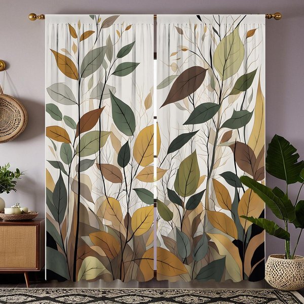 2 Piezas De Cortina Decorativa De Hojas PequeñAs Frescas HD Cortina Con Estampado Digital Amarillo Estilo De DecoracióN Del Hogar DecoracióN Sala De Estar W52H63Inchw132H160Cm-image