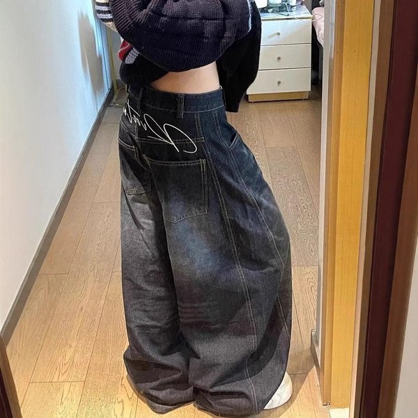Codzienne Damskie Jeansy Y2K LuźNe Szerokie Niebieskie Spierane High Street Vintage Spodnie Cargo Szerokie Nogawki Oversize Spodnie Y2K M Niebieski-image