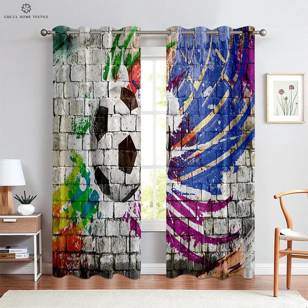 Cortinas Con Estampado De FúTbol Color Acuarela Deportes NiñO HabitacióN Infantil Sala De Estar Cocina DecoracióN Cortinas De Ventana Se Pueden Personalizar W70Xh100(Cm)X2Pcs&Grommet Top-image