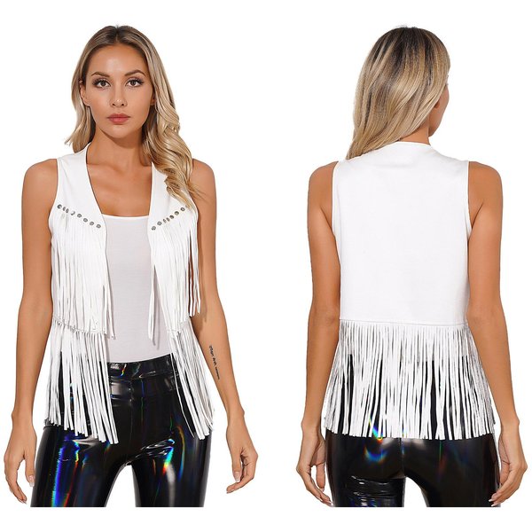 Chaleco De Ante SintéTico Para Mujer Estilo Western Flecos Con Borlas Detalles De Remaches Frente Abierto Sin Mangas Chaleco Para Atuendos Boho L Brown-image