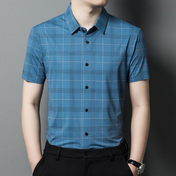 Camisa De Manga Corta Para Hombre, Nueva Camisa Informal De Negocios De Verano, Ajustada, A Cuadros. Xxxl Gray-image