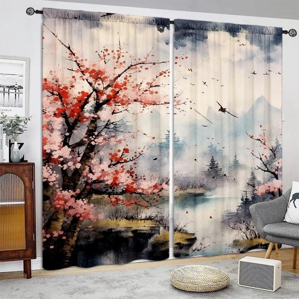 2 Piezas, Cortina Con Estampado De Pintura China De Paisaje De MontañA, Montaje Con Bolsillo Para Barra, Material De PoliéSter Para Sala De Estar, Dormitorio, Cocina, EnvíO Gratis W50 X H130(Cm)X2&Grommet Top-image