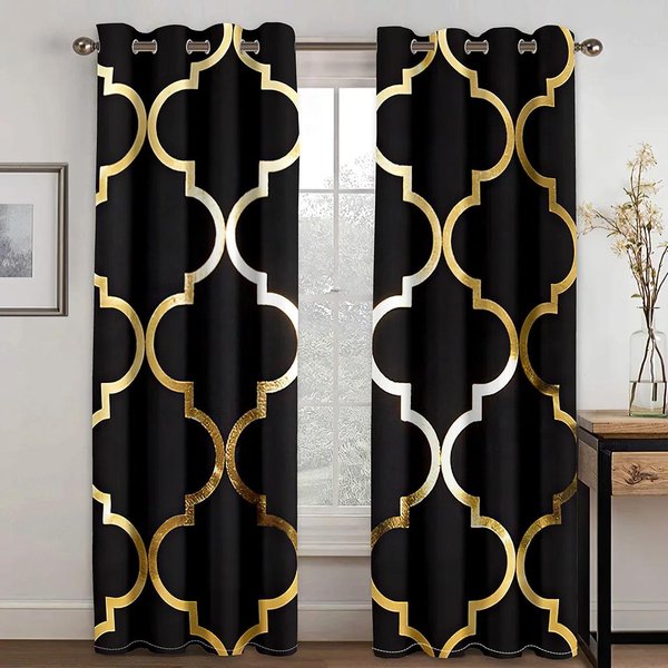 Cortinas Y Persianas De Lujo GeoméTricas Abstractas Doradas Negras Para Sala De Estar, HabitacióN Infantil, BañO, Cocina, Puerta, DecoracióN Del Hogar W50X130H(Cm)X2Pcs&Grommet Top-image
