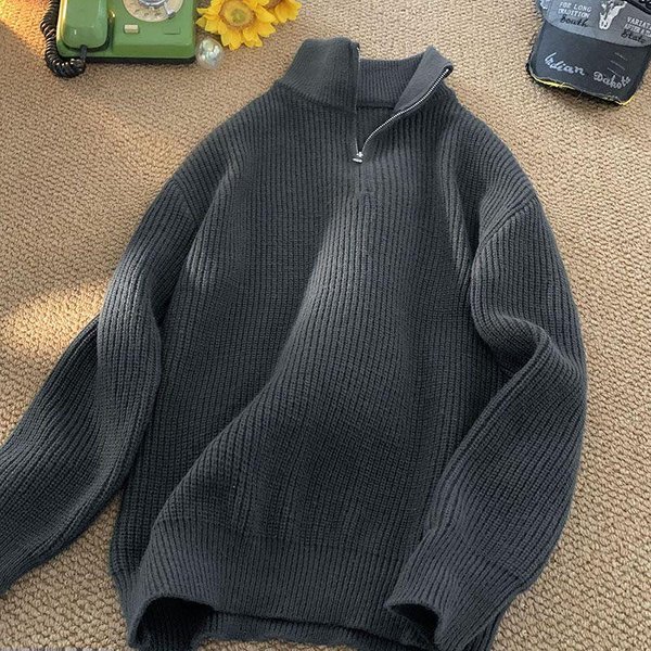 Jesień Zima Nowa Moda Swetry Z DłUgim RęKawem Ze StóJką Z Pół-Zamkiem MęSka Odzież Casualowa PasująCa Do Wszystkiego Dzianinowe Topy M Gray-image