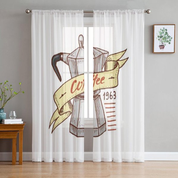 IlustracióN De Café Cortinas Transparentes De Tul Blanco Para Sala De Estar La HabitacióN Dormitorio DecoracióN De Cocina Cortinas Voile Organza 135W X 114H(Cm) White-image