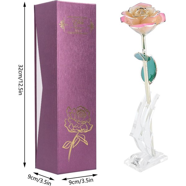 Chapado En Oro De 24 Quilates Flor Blanca Rosa Hoja Verde Base DecoracióN De Regalo Para El DíA De San ValentíN-image
