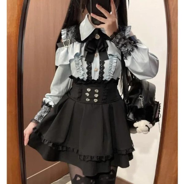 Jirai Kei StróJ Lolita DziewczęCa Bluzka Kobiety Koszula Z DłUgim RęKawem Kawii Kokarda Czarne SpóDnice Koszule Y2K SłOdki JapońSki Styl Damy Zestaw XXL-image