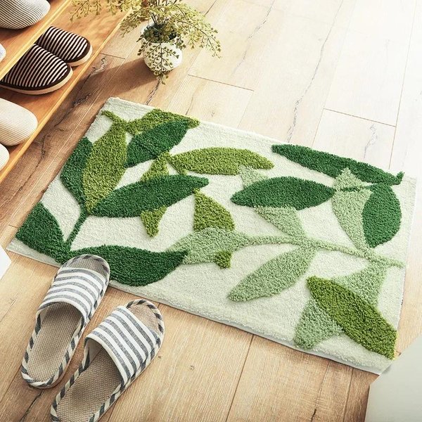 Honlaker Zielone LiśCie Flokowana Mata ŁAzienkowa AntypośLizgowa ChłOnna Mikrofibra Dywanik ŁAzienkowy Mata Do WejśCia Domowego Super MięKki Dywanik KąPielowy 40X60Cm-image