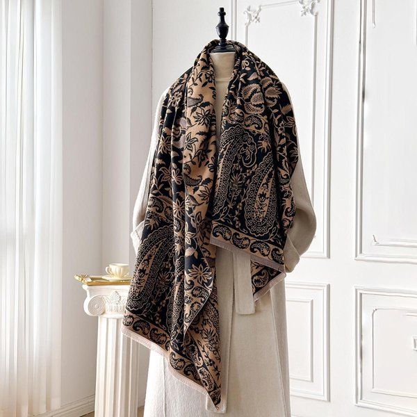 Luksusowy Zimowy Szalik Kaszmirowy Dla Kobiet - FręDzlowy Szal W Kratkę, CiepłY Szal Pashmina I Poncho Foulard Black-image