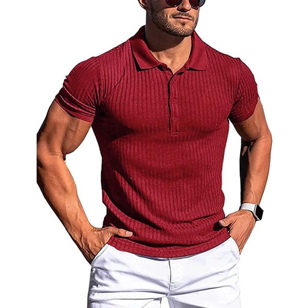 Letnie Polo MęSkie Jednolite Paski Fitness Elastyczność KróTki RęKaw Koszulki Polo Dla MężCzyzn StóJka Koszule MęSkie M Black-image
