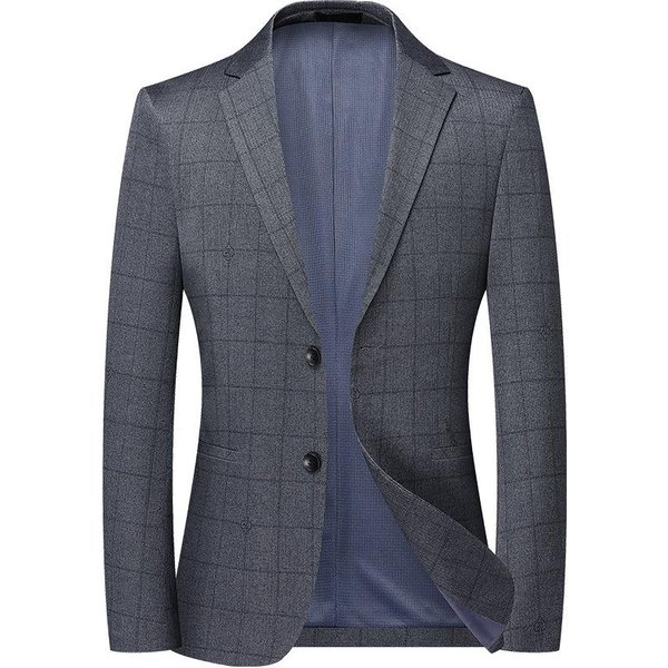 Traje Delgado De Primavera Y OtoñO Para Hombre Estilo Coreano Ajustado EláStico Sin Planchar Cuadros Traje PequeñO Casual Individual 4XL Gray-image