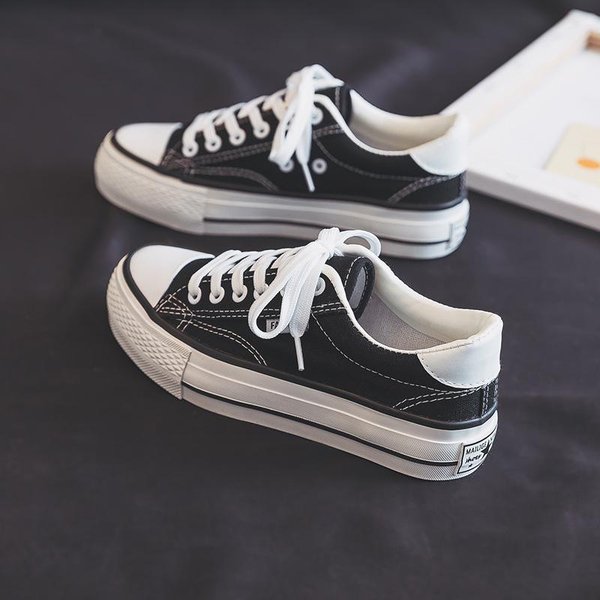Zapatos De Lona Con Plataforma Para Mujer, Nuevos Zapatos Blancos De CañA Baja Y Suela Plana, Zapatos De Estudiante VersáTiles, Casuales, Retro, Para Primavera 40 Negro-image