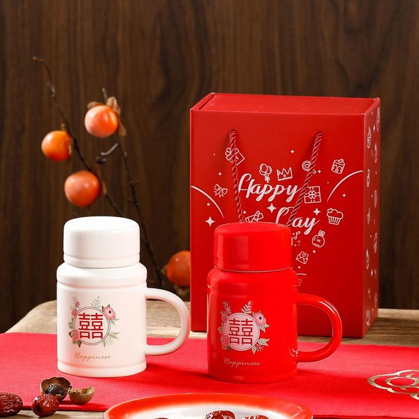 Recuerdo De Boda Regalo Con Tapa Cuchara Taza De CeráMica Pareja Taza NostáLgica De Aspecto Elevado Set Caja De Regalo Taza De Agua 420ML-image