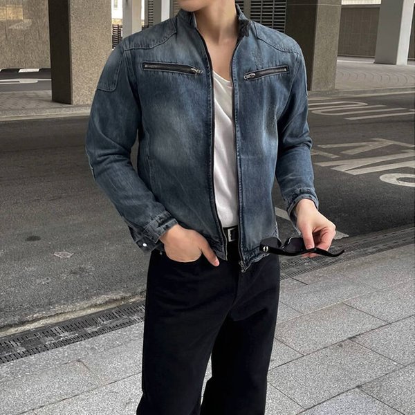 Retro Sprana KróTka Kurtka MęSka Jesienna LuźNa Top Ze StóJką Styl KoreańSki Modna Przystojna Kurtka DżInsowa XL Niebieski-image