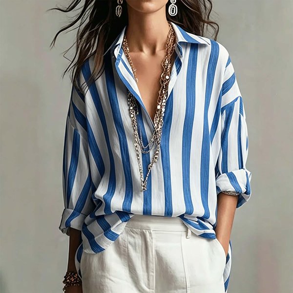 Camisa De Manga Larga A Rayas Con Botones Para Mujer Para Uso Casual Diario XL Azul-image