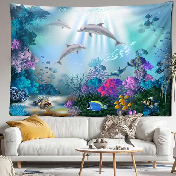 Tapiz Colgante De Pared Escenario Submarino De Peces De EnsueñO Bohemio Abstracto Kawaii Simple Hippie Dormitorio Sala De Estar DecoracióN Del Hogar 95X70Cm Gray-image