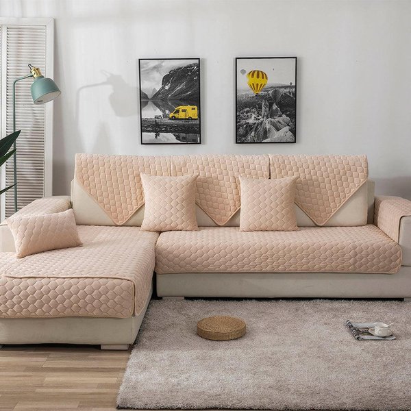 Funda De Sofá De Terciopelo De Cristal, Fundas De Sofá De Felpa De Color SóLido Para Sala De Estar, Moderno Sofá Esquinero Antideslizante, Fundas De Toalla Para SofáS 70*70Cm Beige-image