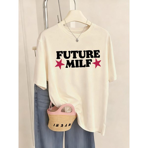 Camiseta Con Estampado De Letras Future Milf Para Mujer, Camisetas Suaves Casuales, Tops Holgados De Manga Corta Con Cuello Redondo, Ropa De Verano CóModa Para Mujer L Beige-image