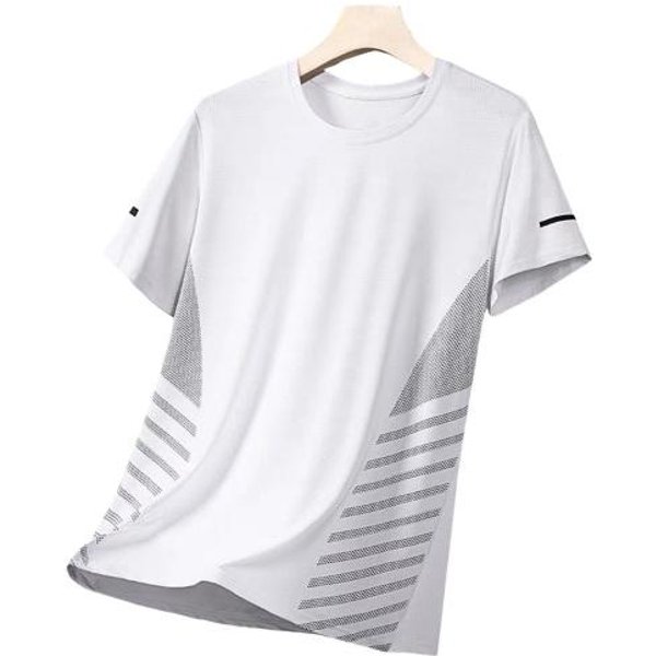 Verano Hombres Top Seda De Hielo Malla De Secado RáPido Mangas Cortas Tallas Grandes O Cuello Suelto Contraste Color Fino EláStico Casual Jersey Diario Deporte Camiseta L Blanco-image