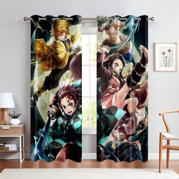 2 Szt. JapońSkie GorąCzkowe Wzory Anime Nadruk WzóR ZasłOny Okienne, Animowane Style KreskóWkowe, PokóJ DziecięCy ZasłOny Okienne Ozdobne Z Tunelami Na DrążEk W50Xh140(Cm)X2Pcs&Rod Pocket-image