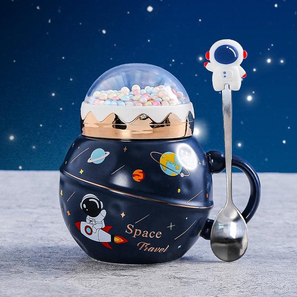 Taza De Planeta De Dibujos Animados Con Cuchara Tapa De Paisaje Taza De CeráMica Regalo Astronauta Astronauta 401-500Ml-image