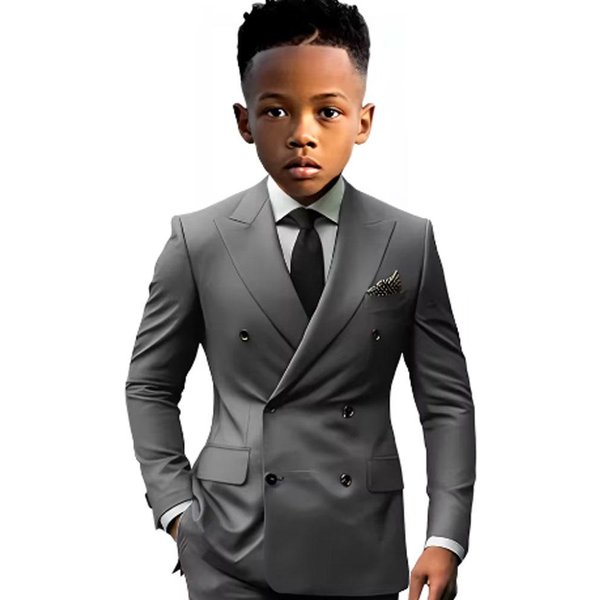 Traje De 2 Piezas Para NiñO, Blazer, PantalóN, Chaqueta Cruzada Con Solapa De Muesca, Esmoquin Informal Ajustado Para Boda 120 Del Carro Gris-image
