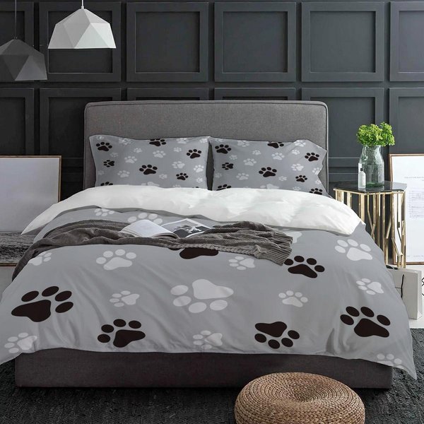 Juego De Cama De 3 Piezas Con Arte De Huella De Pata De Perro Negro Gris Funda NóRdica Funda De Almohada NiñOs Adultos Cubre EdredóN Juego De Cama Doble Textil Para El Hogar AU Single(140X210Cm)-image