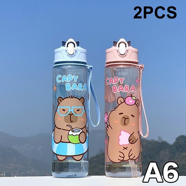 Botella De Agua Capibara De Dibujos Animados 800Ml Vaso De Agua De PláStico PortáTil De Gran Capacidad Con Pajita Botella De Agua Deportiva Viaje Al Aire Libre-image