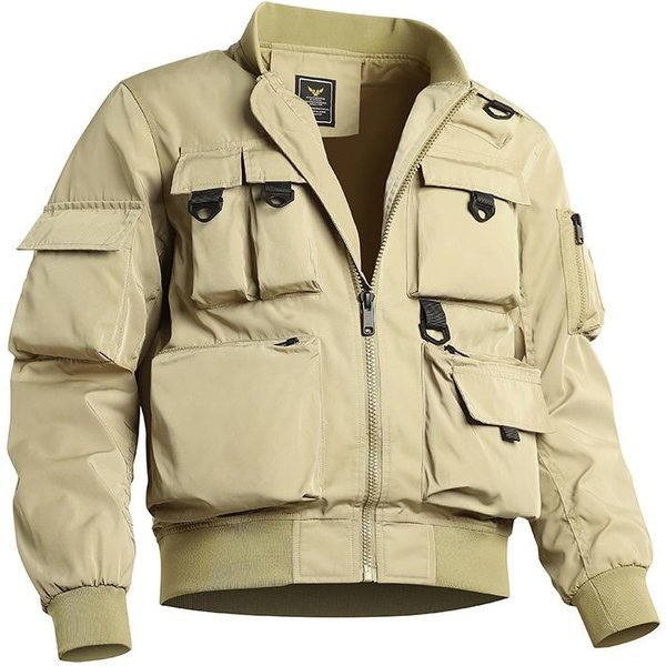 Kurtka Bomber MęSka Retro Mundur Baseballowy Wielokieszeniowa Kurtka Robocza Funkcjonalna Kurtka Trzyodporna Kurtka Szturmowa 4XL Beige-image