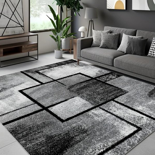 Nowoczesny Szaro-Czarny Geometryczny Kwadratowy Dywanik Obszarowy AntypośLizgowy Zmywalny MięKki Dywanik PodłOgowy Do Salonu Sypialni Wystroju Domu 80X160Cm 31X63Inch-image