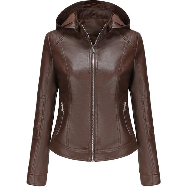 Chaqueta De Cuero Con Capucha Para Mujer Primavera Y OtoñO Chaqueta Cortavientos Con Sombrero Desmontable Para Mujer Talla Europea Corta Chaqueta Casual 3XL Beige-image