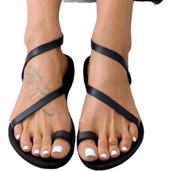 2024 Nowe Letnie SandałY Damskie PłAskie Japonki WąSkie Rzymskie Paski Klapki Wsuwane Damskie Buty Na Plażę Damskie Modne Sandalias 43 Czarny-image