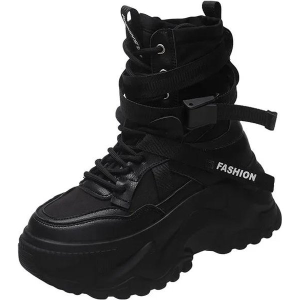 Botas De Moto Blancas Con Plataforma Gruesa Para Mujer, Botines Con Hebilla Y Cordones De Suela Gruesa, Zapatos Vulcanizados De Moda De OtoñO Para Mujer 34 Negro-image