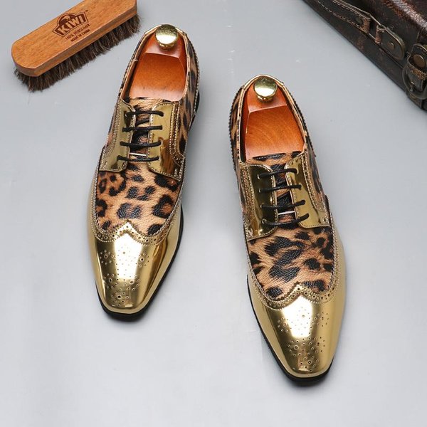MęSkie Oksfordy W Panterkę Sznurowane Szpiczaste Czubki Formalne Buty ŚLubne OddychająCe Wygodne Biznesowe Casualowe Buty Eleganckie DużY Rozmiar 48 ZłOty-image