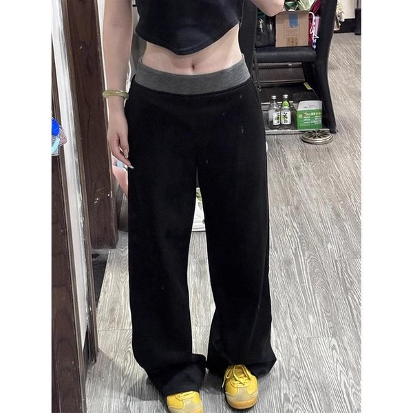 Pantalones Deportivos Casuales De Pierna Recta De Cintura Media Y Alta Con Sentido Del DiseñO De Color En Contraste Para Mujer En OtoñO E Invierno Nuevos Pantalones De Pierna Ancha 2XL Gray-image